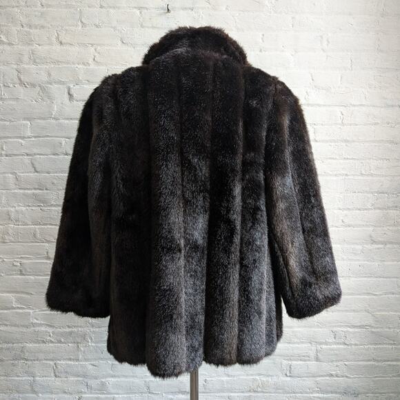 Vintage Brown Faux Fur Coat Plush Minimalist Mob Wife Fuzzy Glam Goth Jacket - Picture 4 of 10